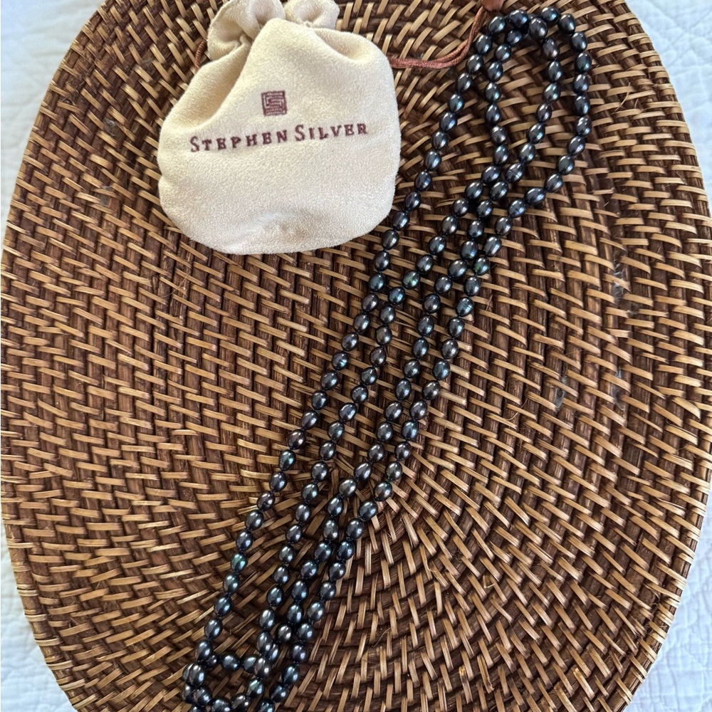 Black Fresh Water Pearl Necklace by Stephen Silver. 30” long.
